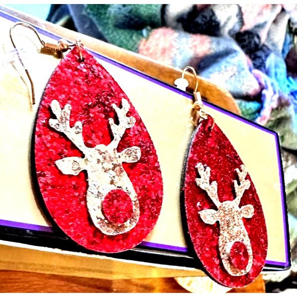 Rudolph Reindeer Earrings Christmas Handmade Whimsical Hooks Glitter Acc… - Picture 6 of 11